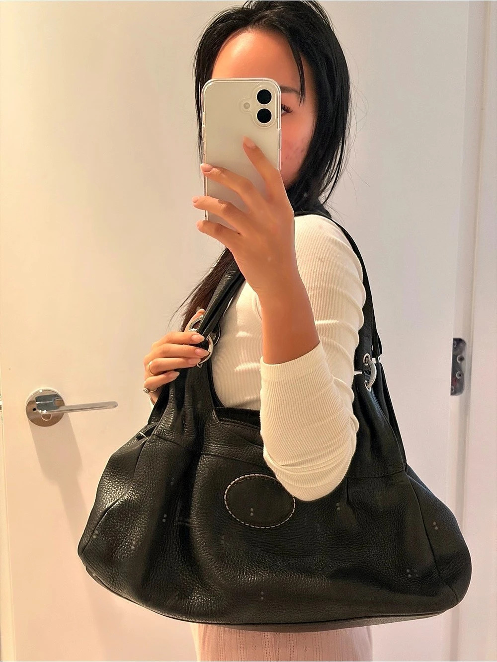Black Genuine Leather-Look Hobo Bag